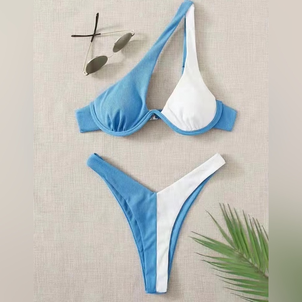 MOVING SALE Blue and White Underwire One Shoulder Bikini Set